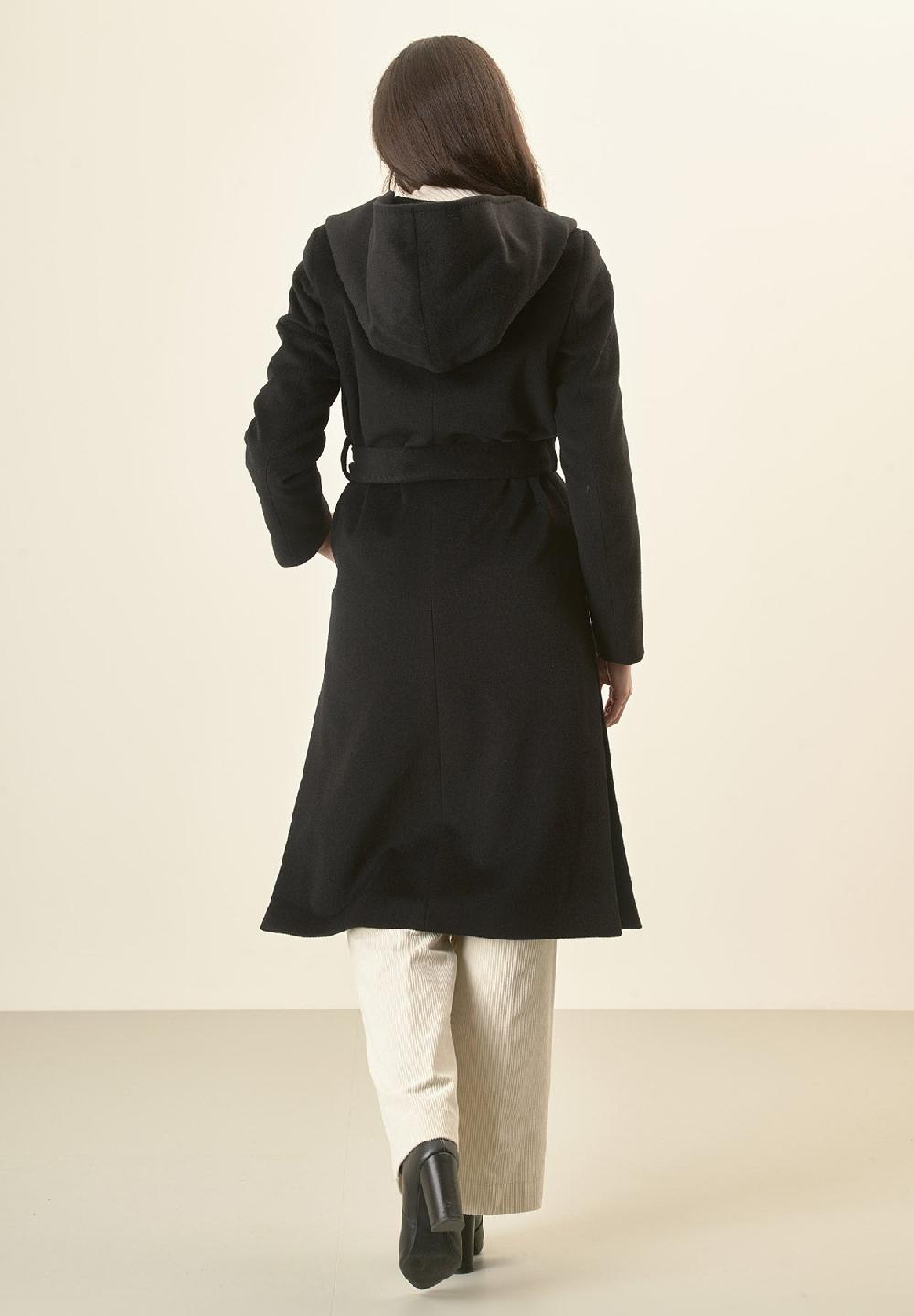 Angelico Cappotto Nero Cappuccio E Cintura Lana Cashmere