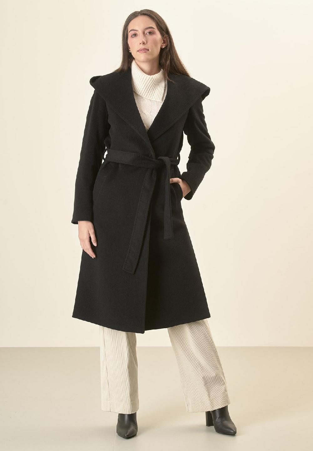 Angelico Cappotto nero cappuccio e cintura lana cashmere