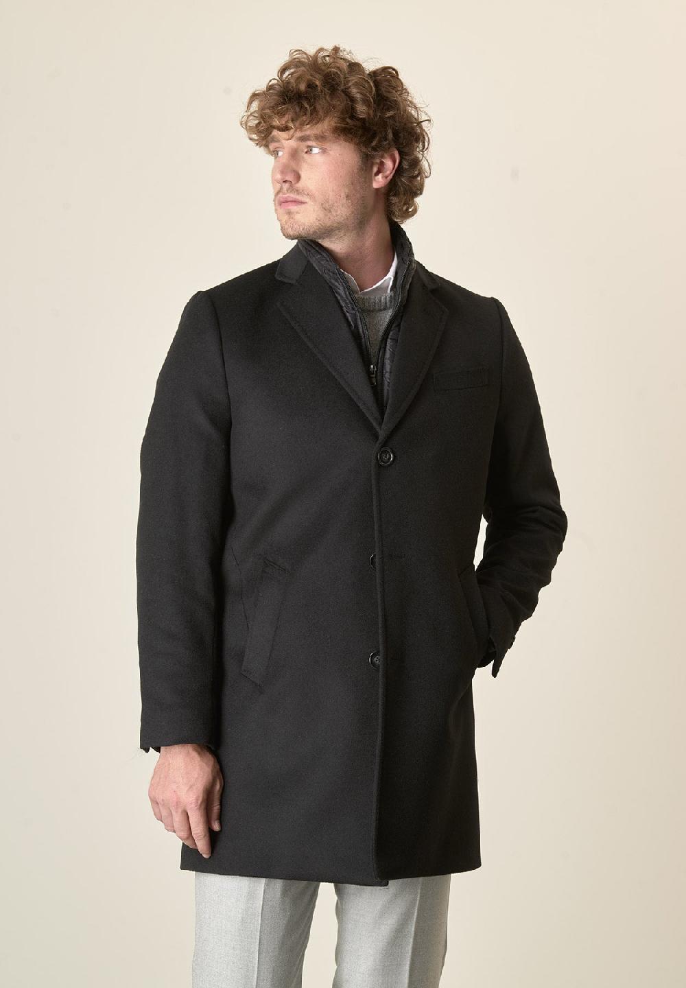 Angelico Cappotto Nero Misto Cashmere Pettorina Staccabile