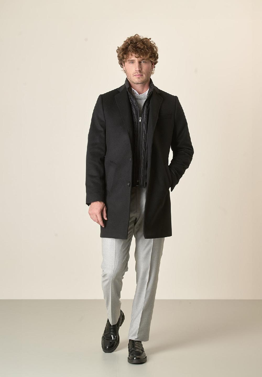 Angelico Cappotto nero misto cashmere pettorina staccabile