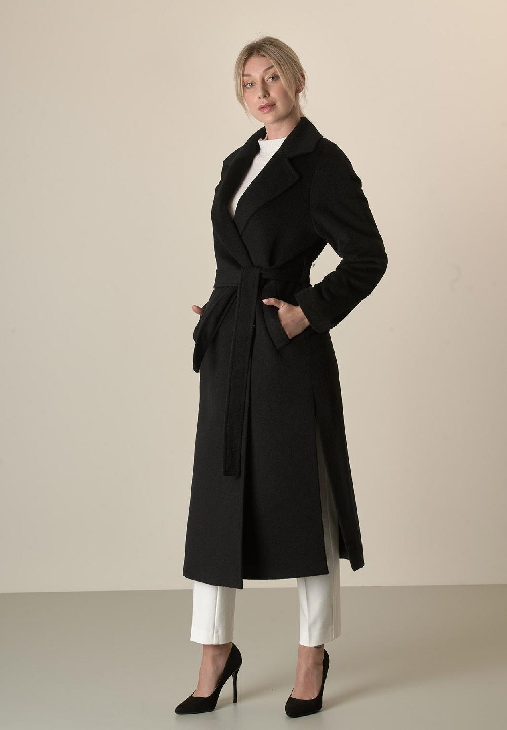 Angelico Cappotto Nero Vestaglia Con Cintura Lana Cashmere