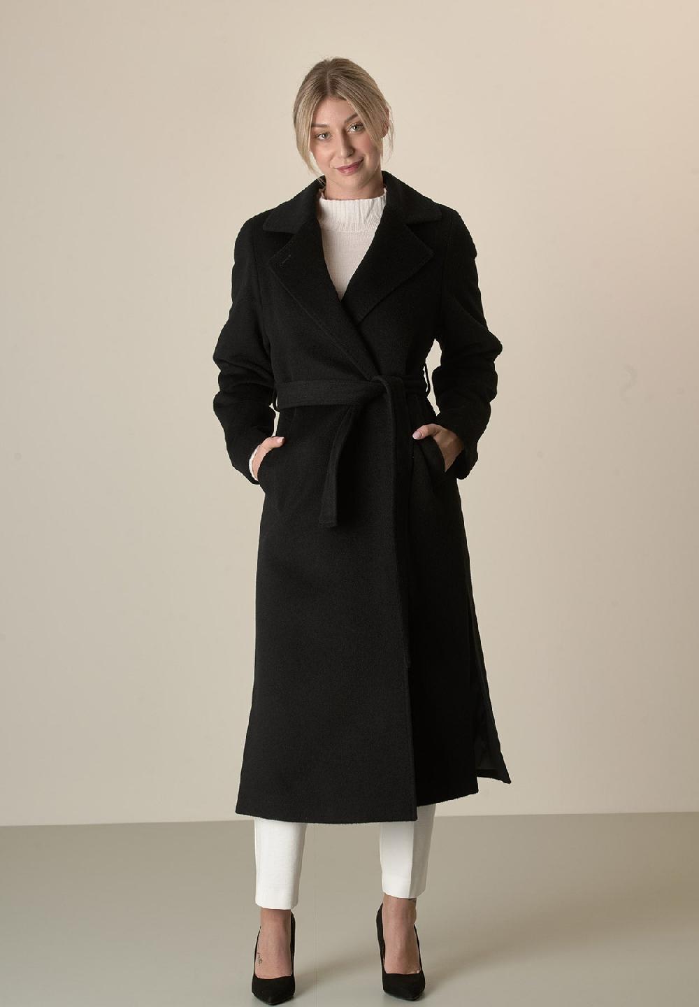 Angelico Cappotto Nero Vestaglia Con Cintura Lana Cashmere