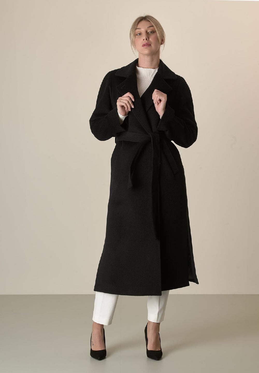 Angelico Cappotto nero vestaglia con cintura lana cashmere