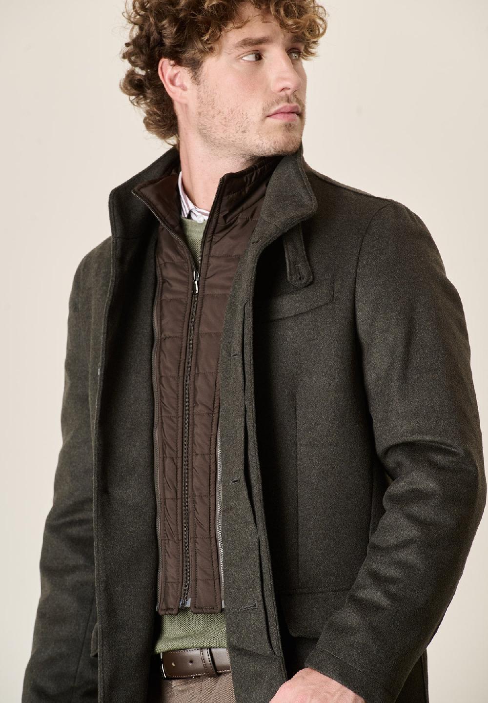 Angelico Cappotto Verde Misto Cashmere Collo Coreano Pettorina Staccabile