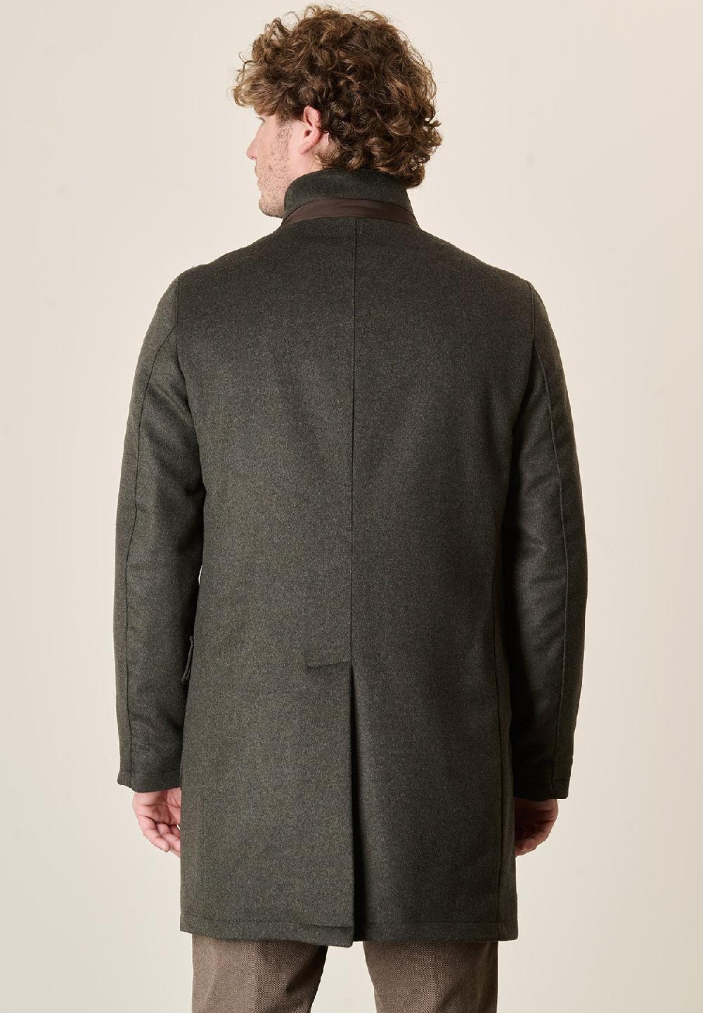 Angelico Cappotto Verde Misto Cashmere Collo Coreano Pettorina Staccabile