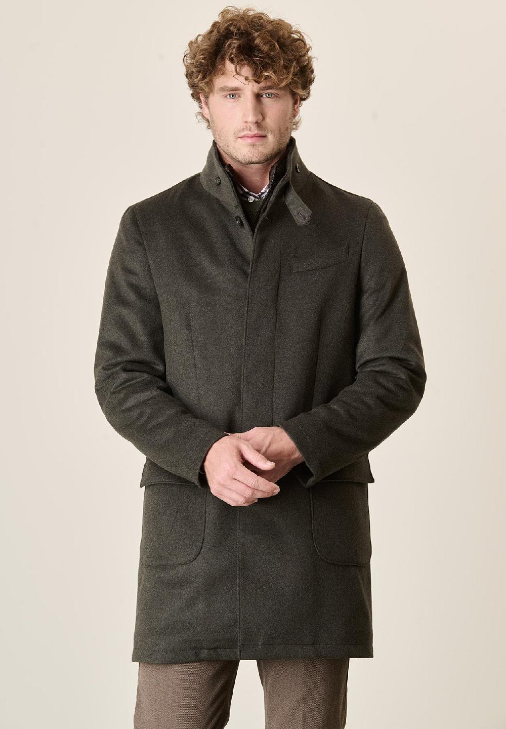 Angelico Cappotto Verde Misto Cashmere Collo Coreano Pettorina Staccabile