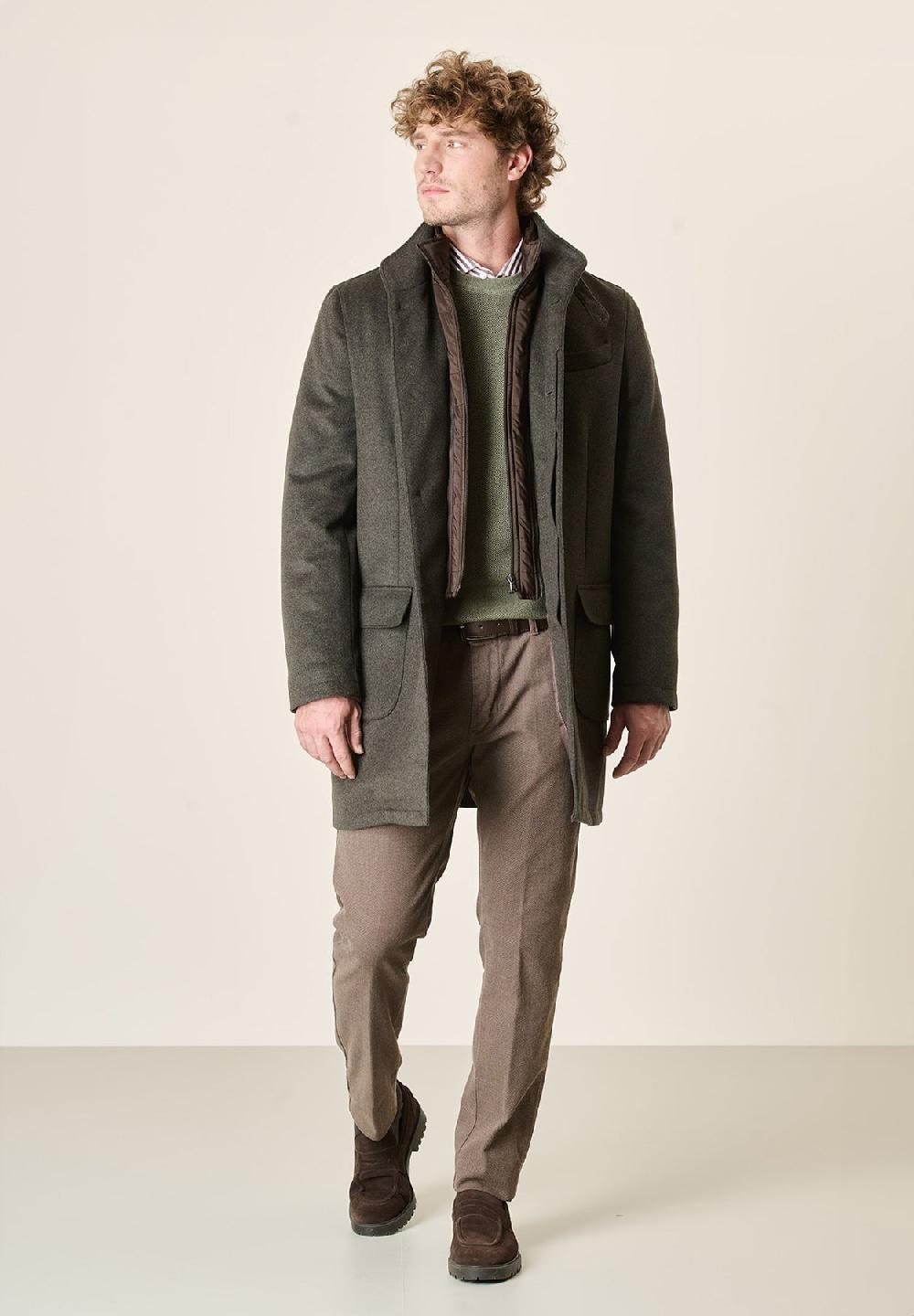 Angelico Cappotto verde misto cashmere collo coreano pettorina staccabile