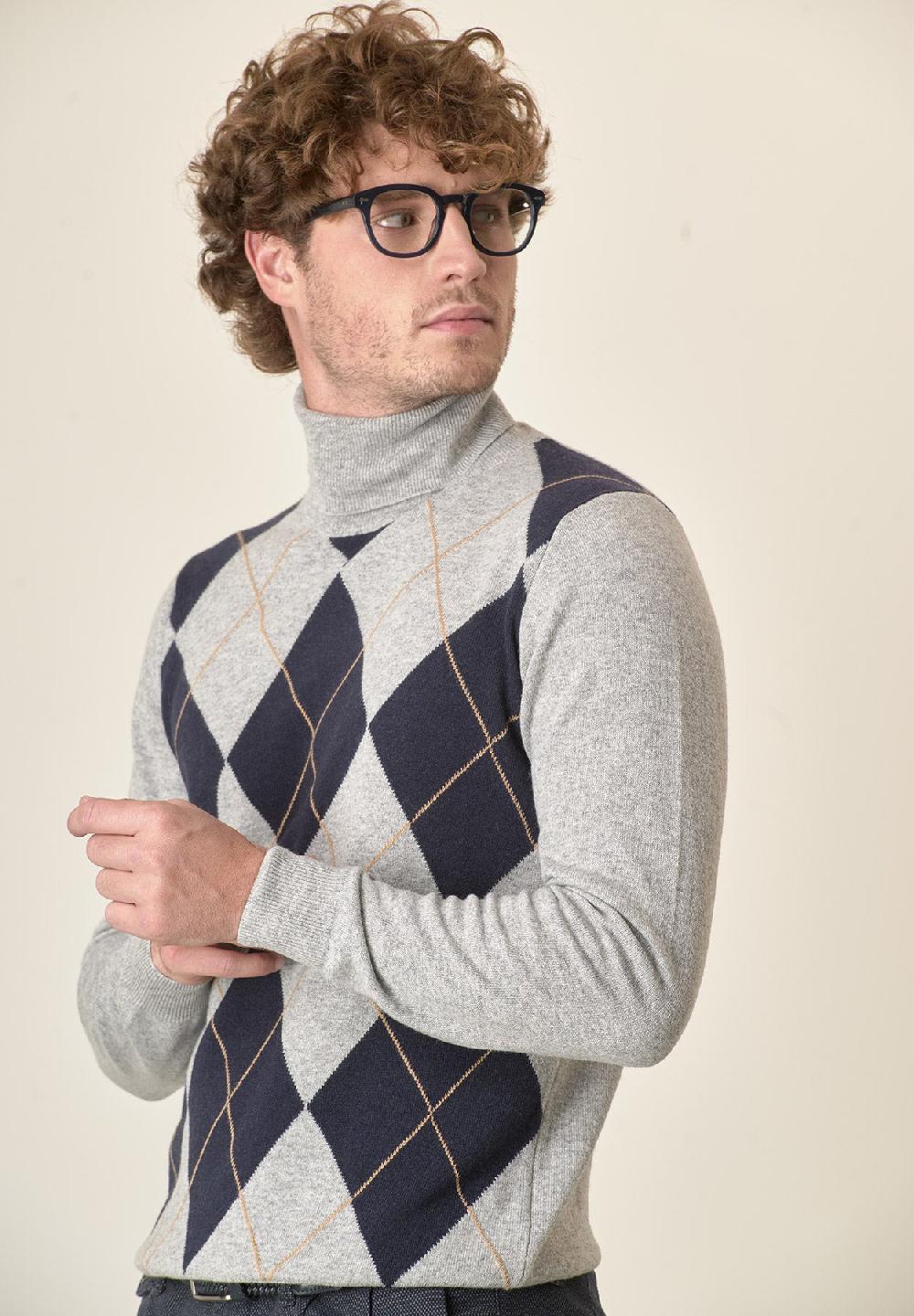 Angelico Dolcevita Grigio Motivo Rombi Misto Cashmere
