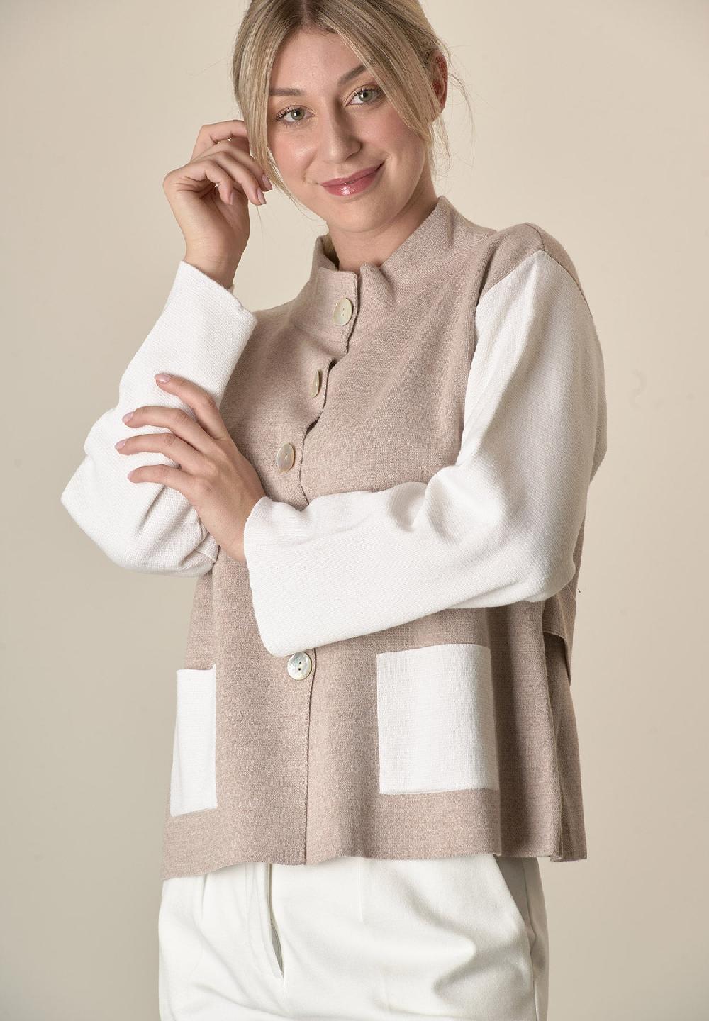 Angelico Giacca In Maglia Bianco Beige Collo Coreano