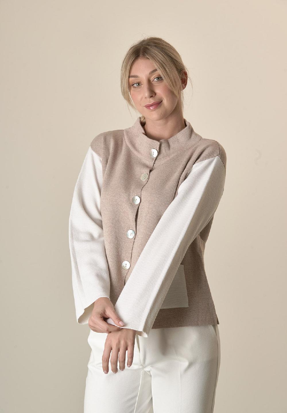 Angelico Giacca In Maglia Bianco Beige Collo Coreano