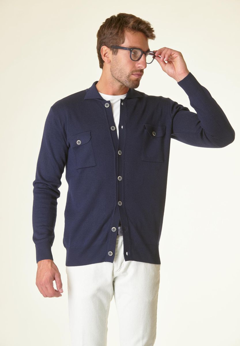 Angelico Giacca in maglia blu con taschini misto lana