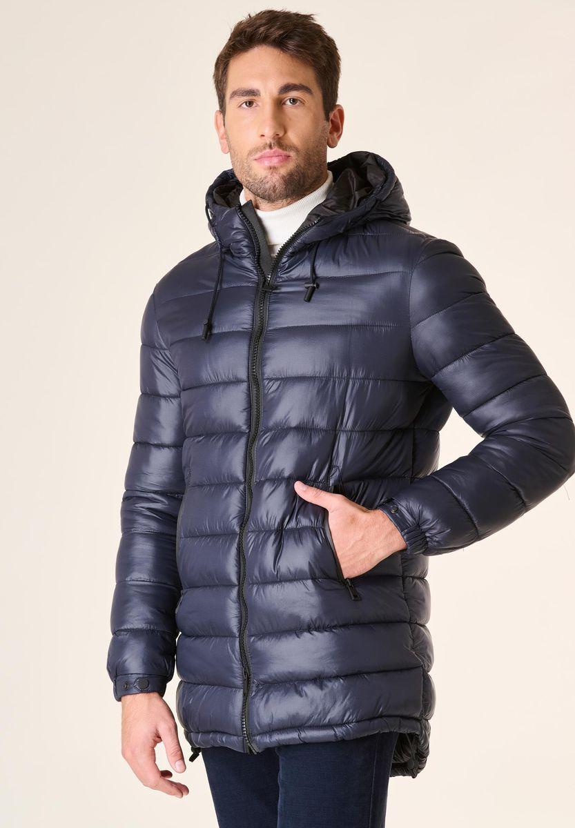 Angelico Giaccone Blu Lungo Trapuntato Cappuccio Anorak