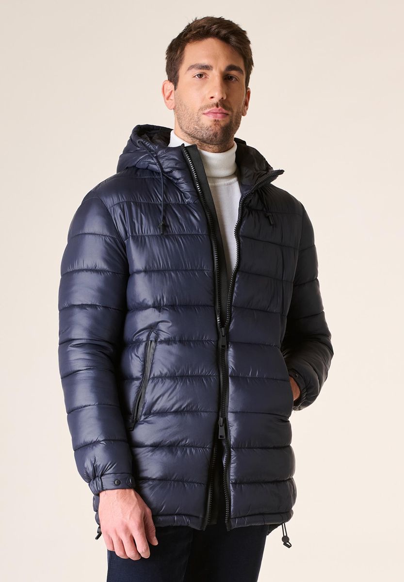 Angelico Giaccone blu lungo trapuntato cappuccio anorak