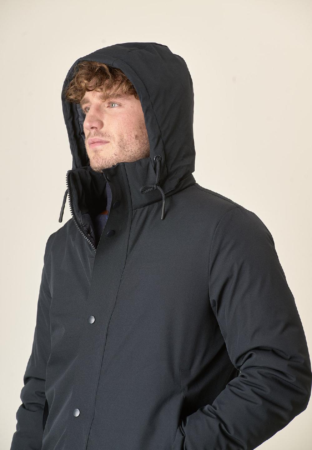 Angelico Giaccone Blu Tessuto Tecnico Cappuccio Staccabile