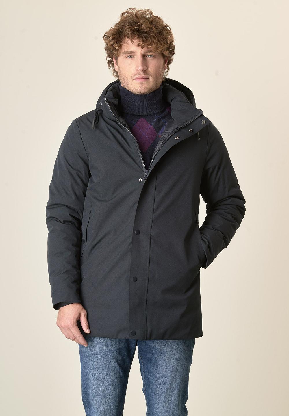 Angelico Giaccone blu tessuto tecnico cappuccio staccabile