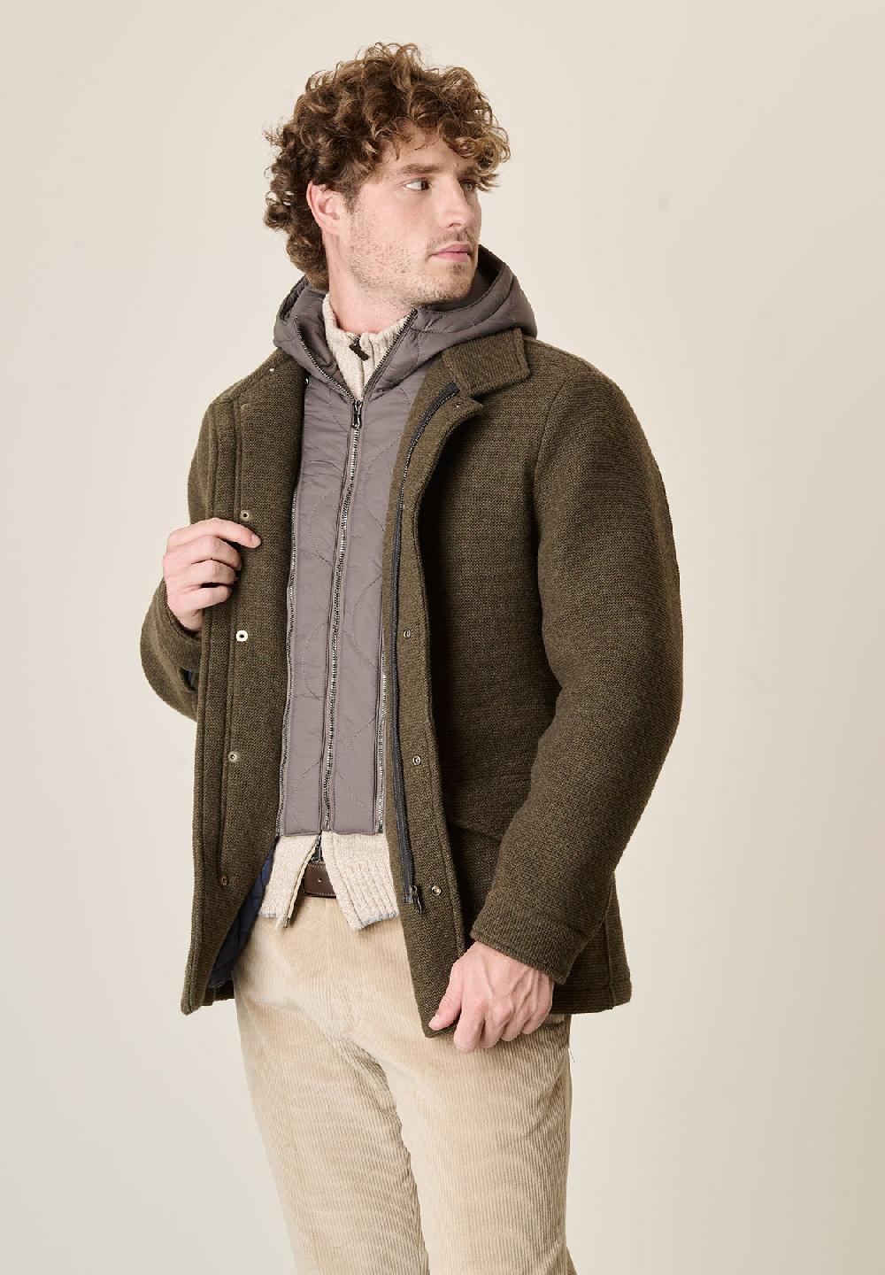 Angelico Giaccone Verdone Misto Lana Doppiata Cappuccio Removibile