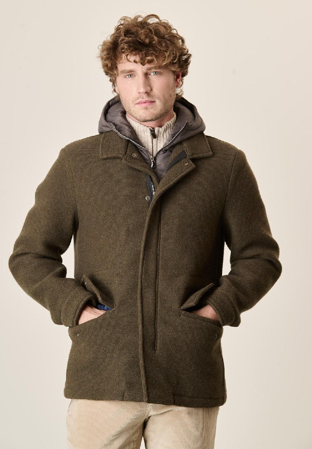 Angelico Giaccone Verdone Misto Lana Doppiata Cappuccio Removibile