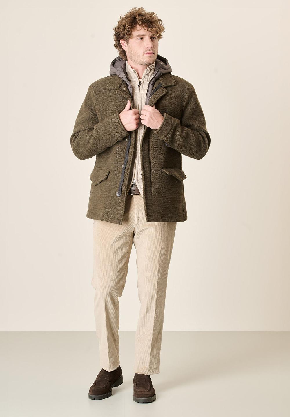 Angelico Giaccone verdone misto lana doppiata cappuccio removibile