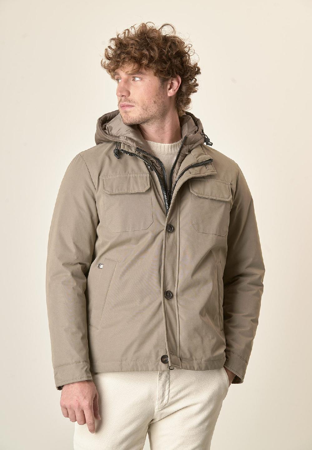 Angelico Giubbotto Beige 4 Tasche Cappuccio E Pettorina Removibili