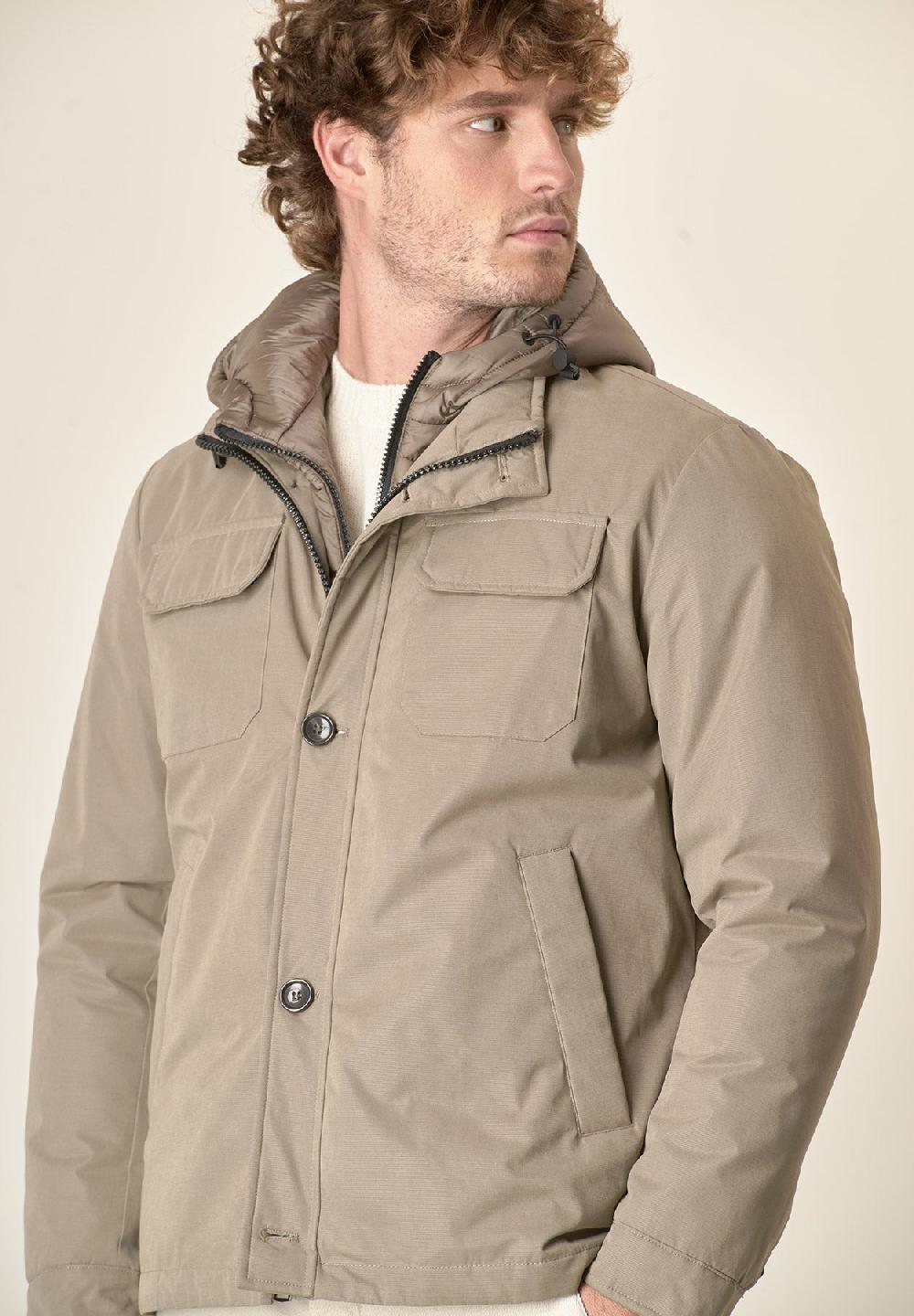 Angelico Giubbotto Beige 4 Tasche Cappuccio E Pettorina Removibili