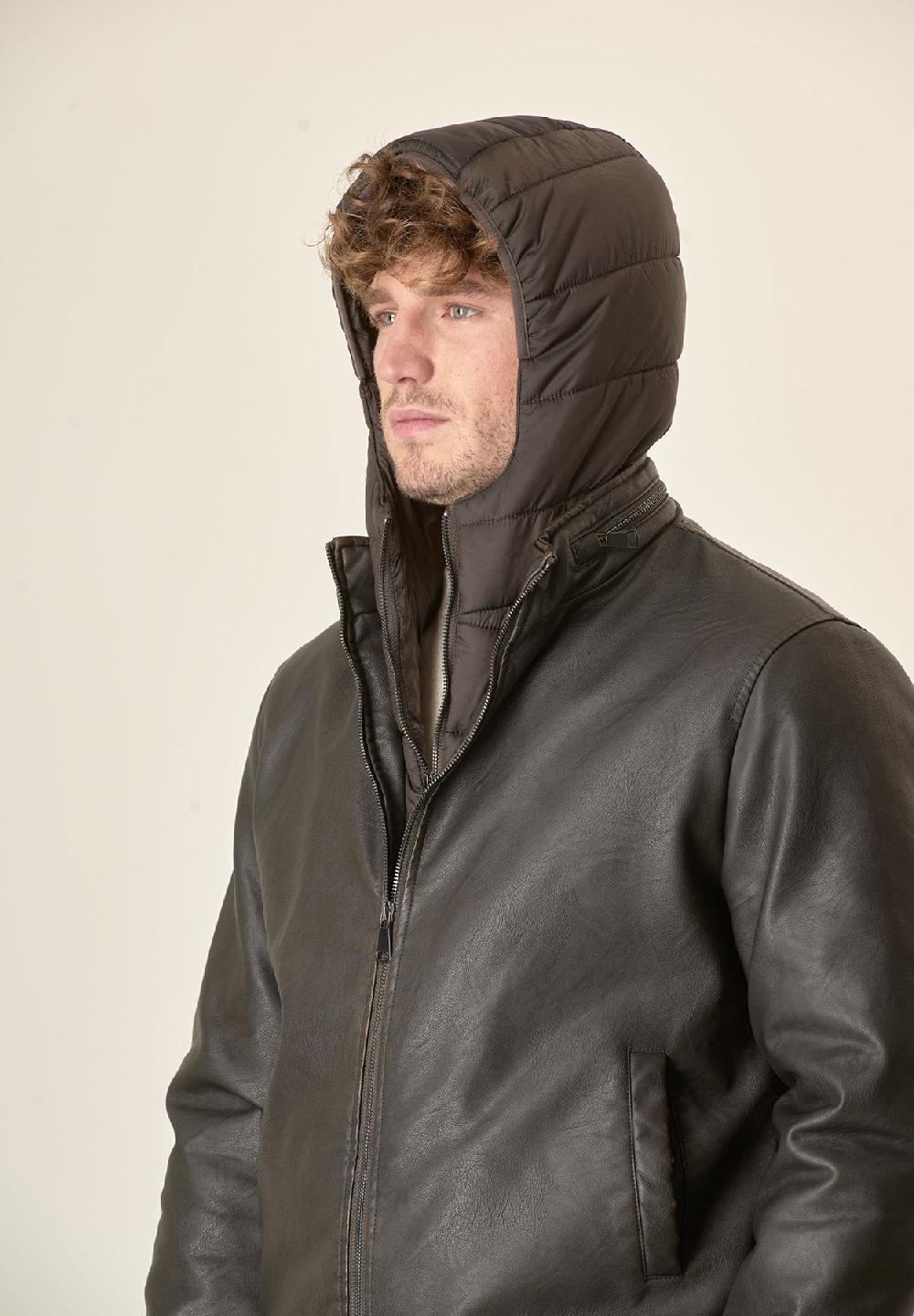 Angelico Giubbotto Moro Aviatore Ecopelle Cappuccio Staccabile