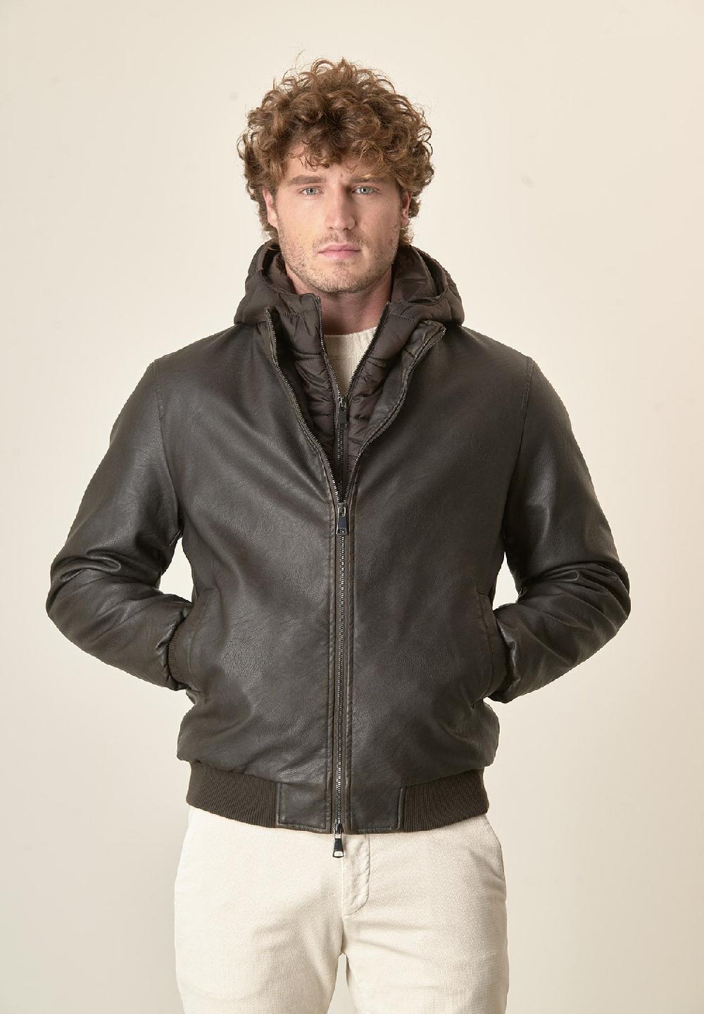 Angelico Giubbotto moro aviatore ecopelle cappuccio staccabile