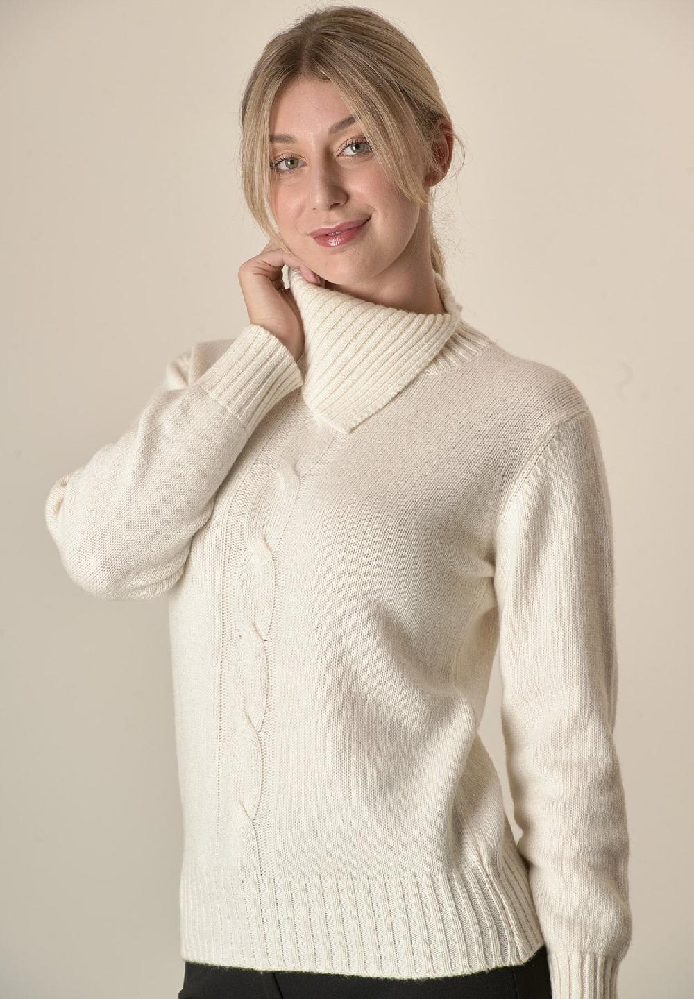 Angelico Maglia Panna Collo Spaccato Treccia Misto Cashmere