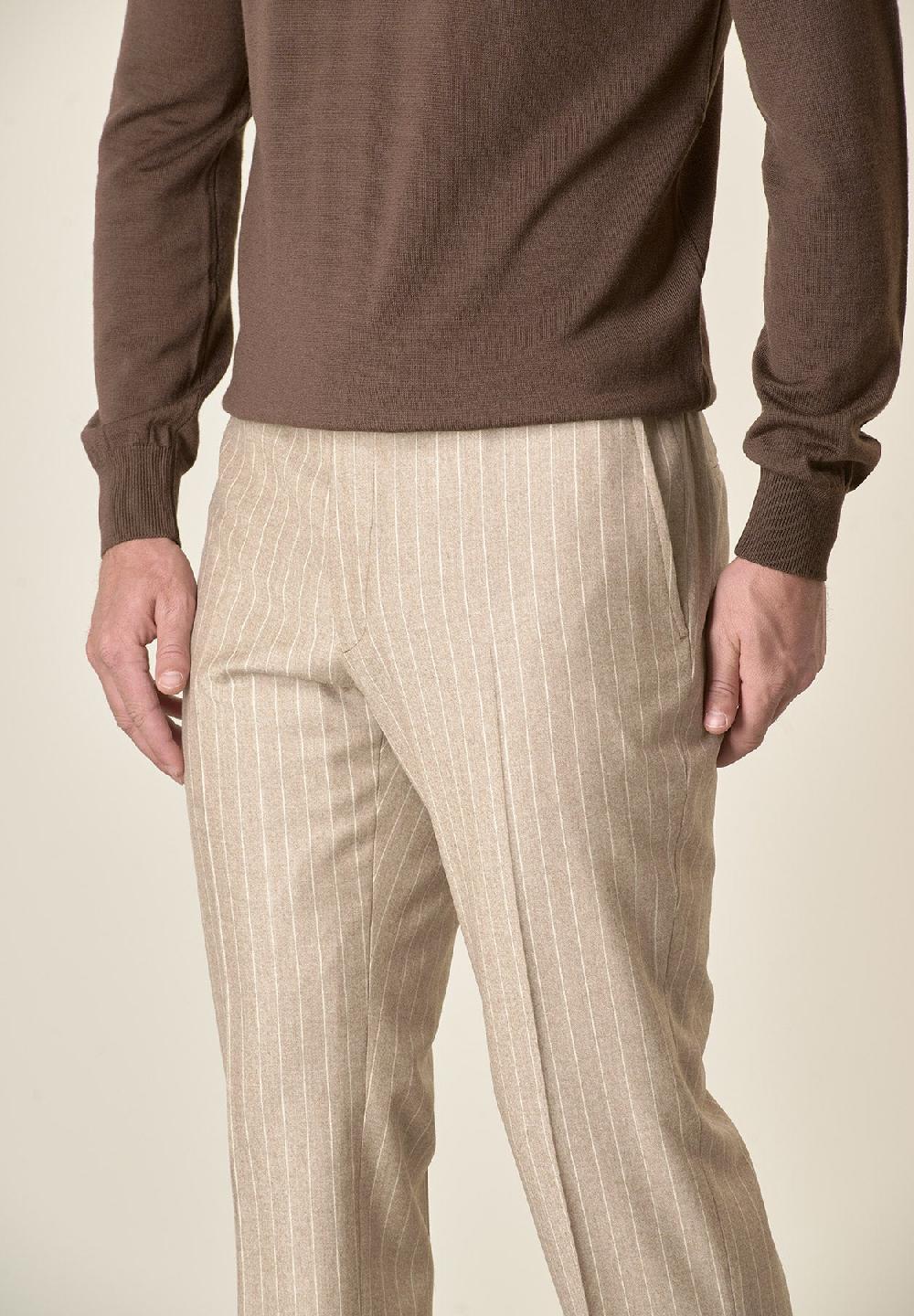 Angelico Pantalone Beige Gessato Lana Vergine Custom Fit