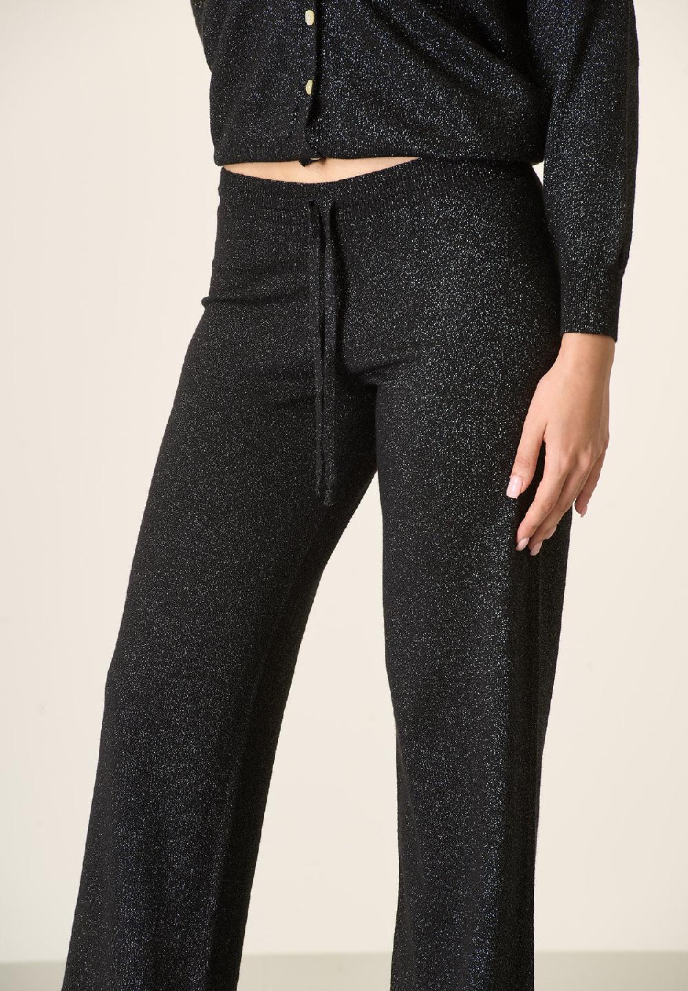 Angelico Pantalone Nero Lurex In Maglia Con Coulisse