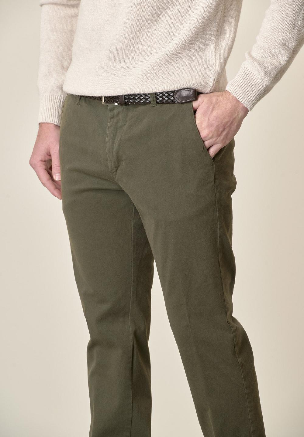 Angelico Pantalone Verde Militare Gabardina Cotone Stretch Slim Fit