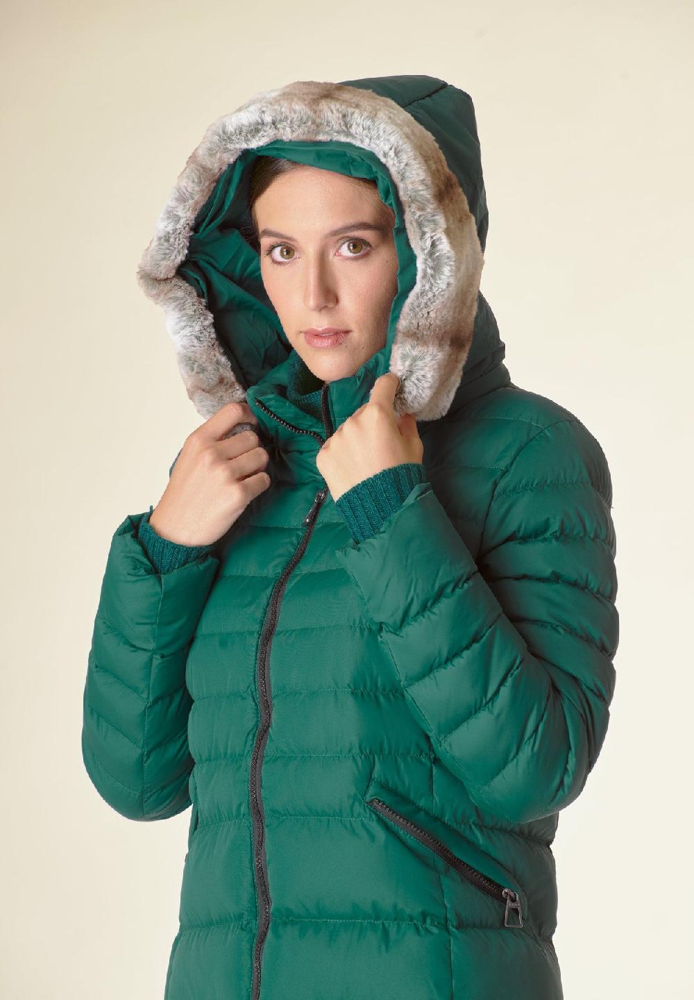 Angelico Piumino Lungo Verde Cappuccio Bordo Ecopelliccia