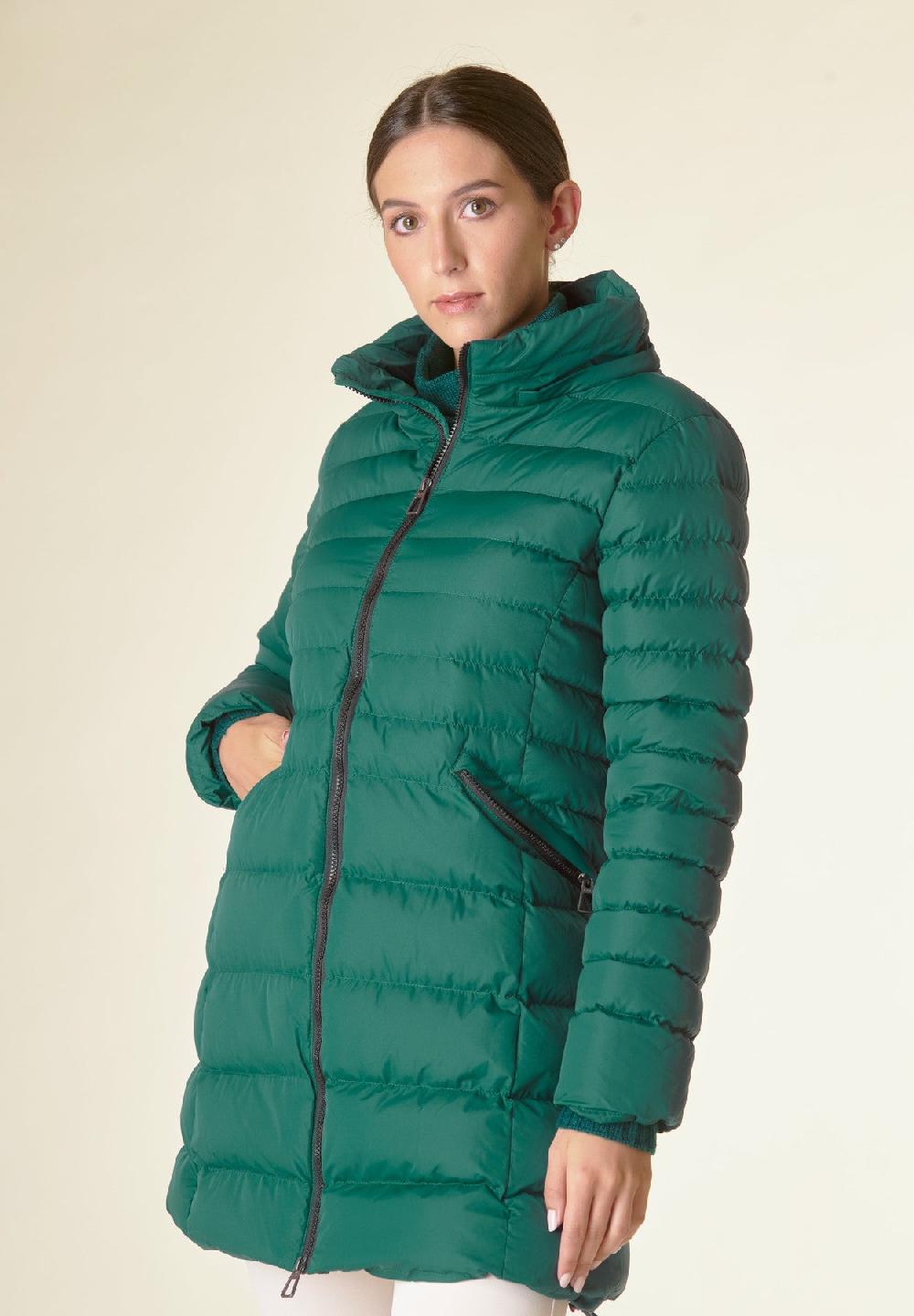 Angelico Piumino Lungo Verde Cappuccio Bordo Ecopelliccia