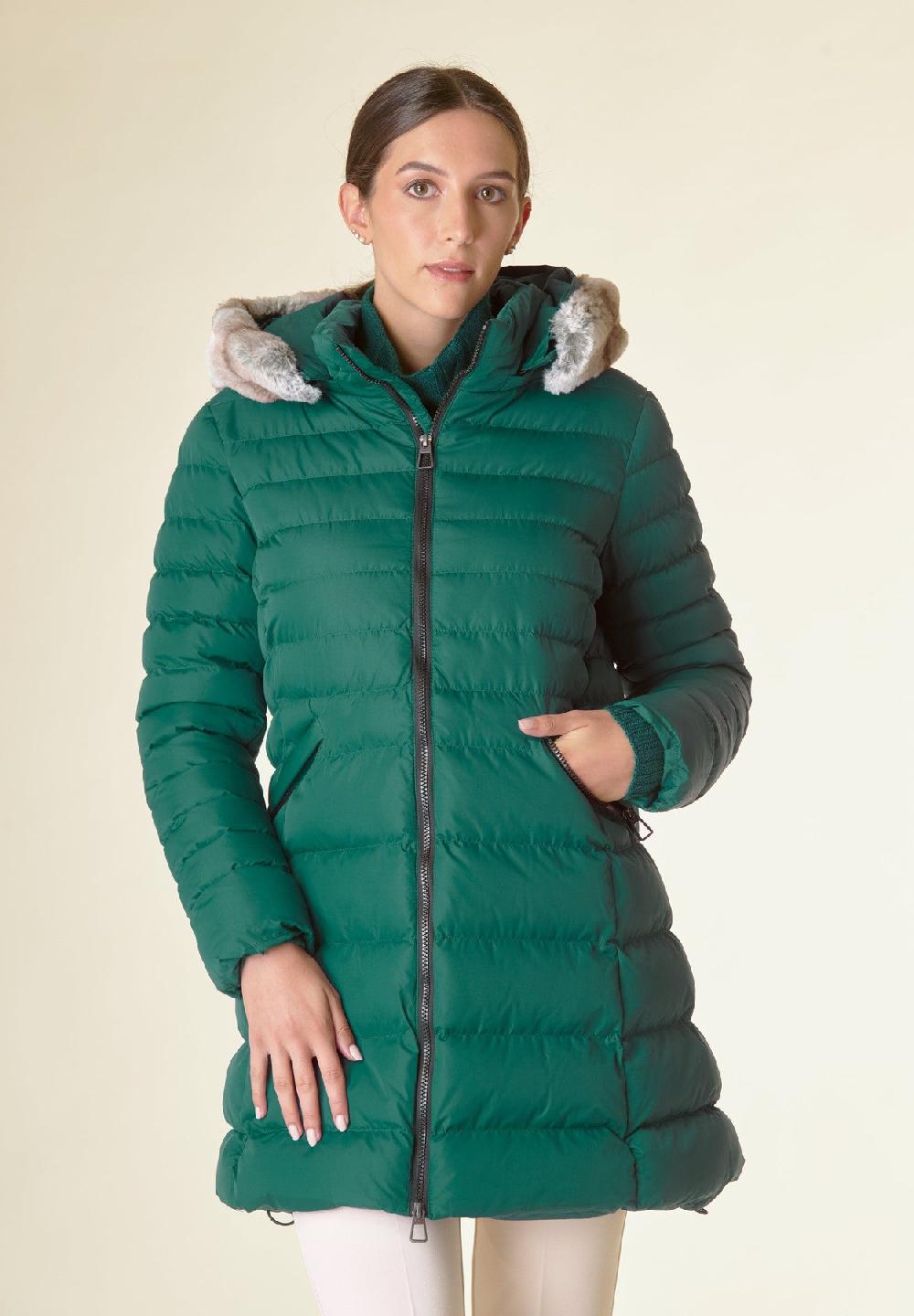 Angelico Piumino lungo verde cappuccio bordo ecopelliccia