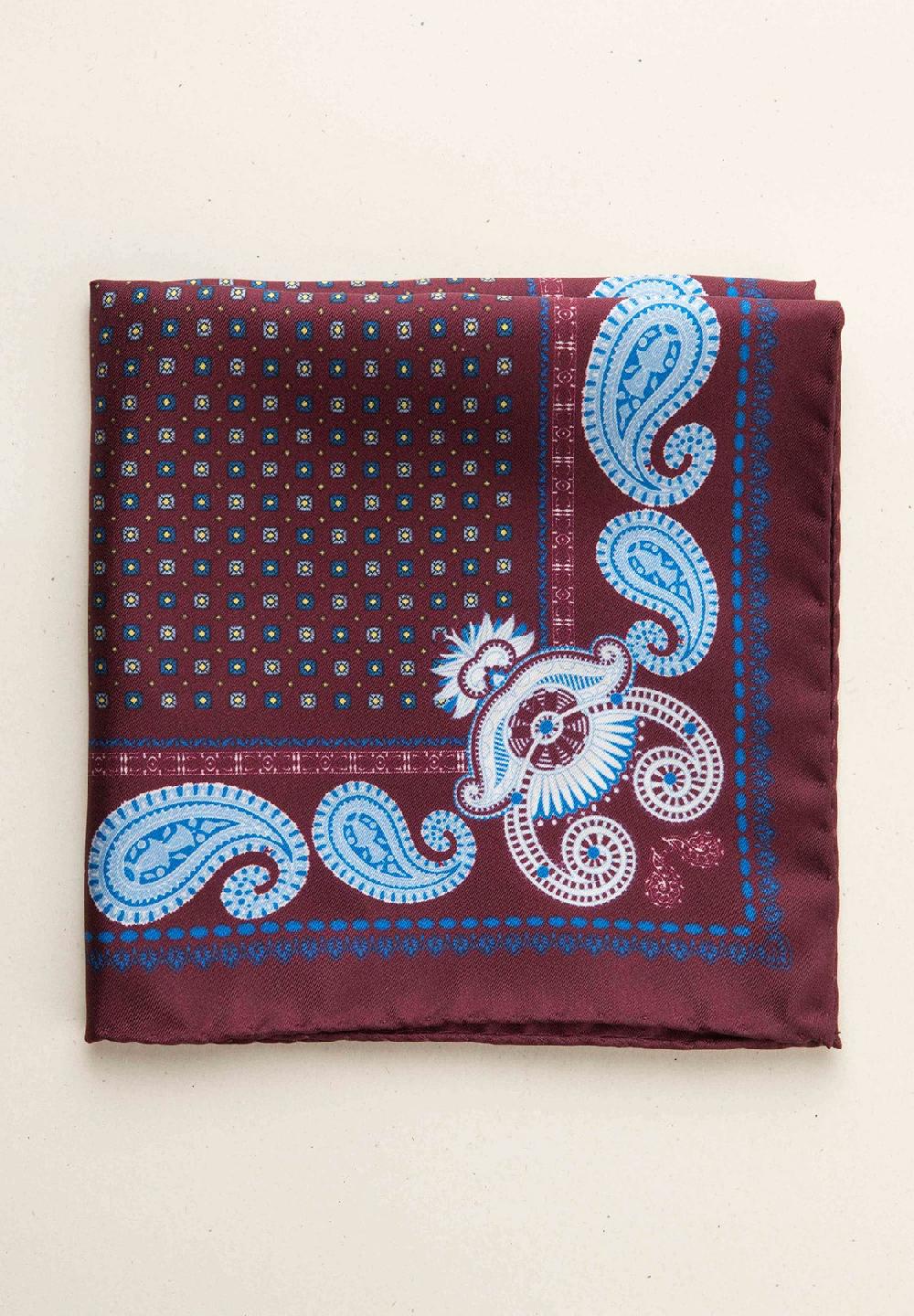 Angelico Pochette bordeaux azzurra fantasia cashmere seta