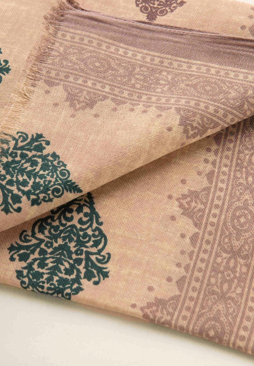 Angelico Sciarpa Beige Verde Fantasia Astratta Cotone Lana Frange