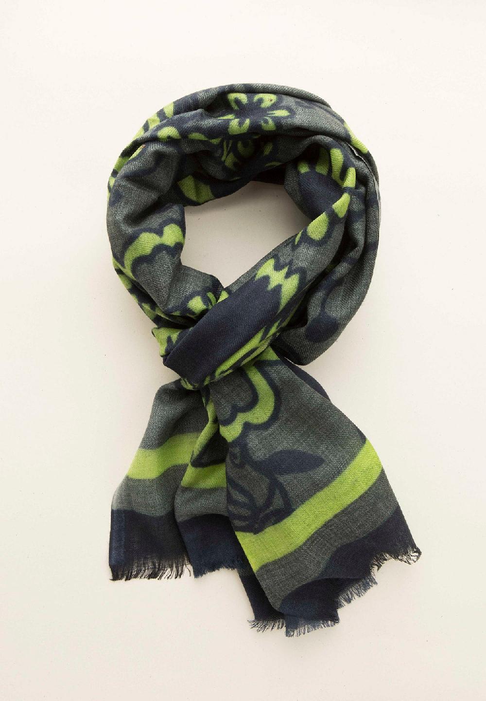 Angelico Sciarpa fantasia fiorata verde lana frange