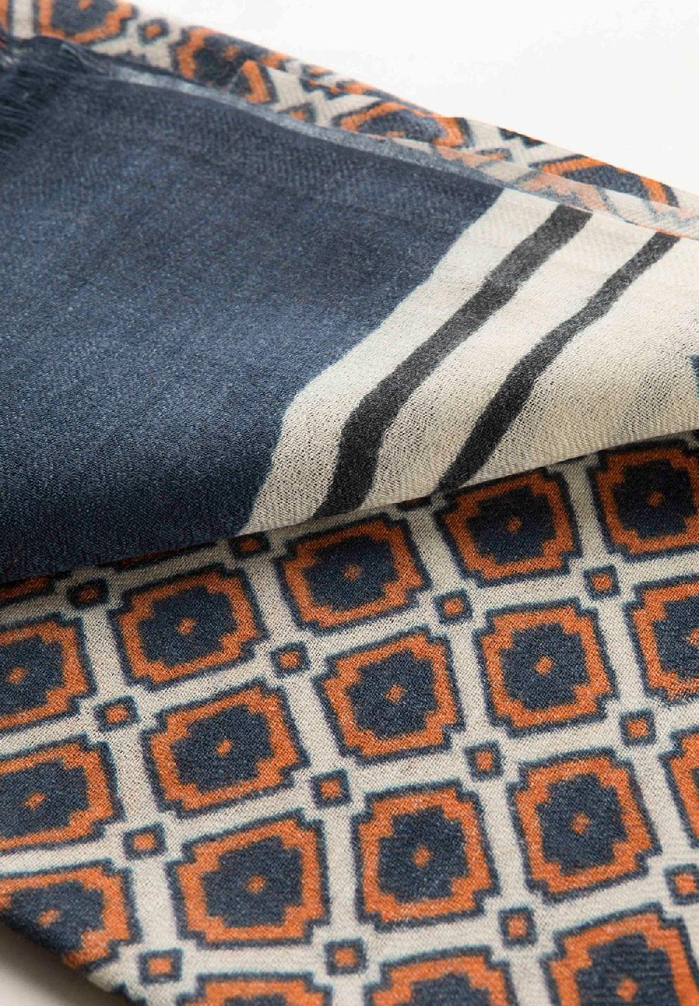 Angelico Sciarpa Panna Fantasia Blu Arancione Lana Frange