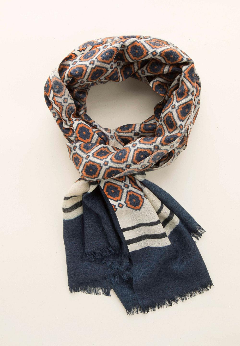 Angelico Sciarpa panna fantasia blu arancione lana frange