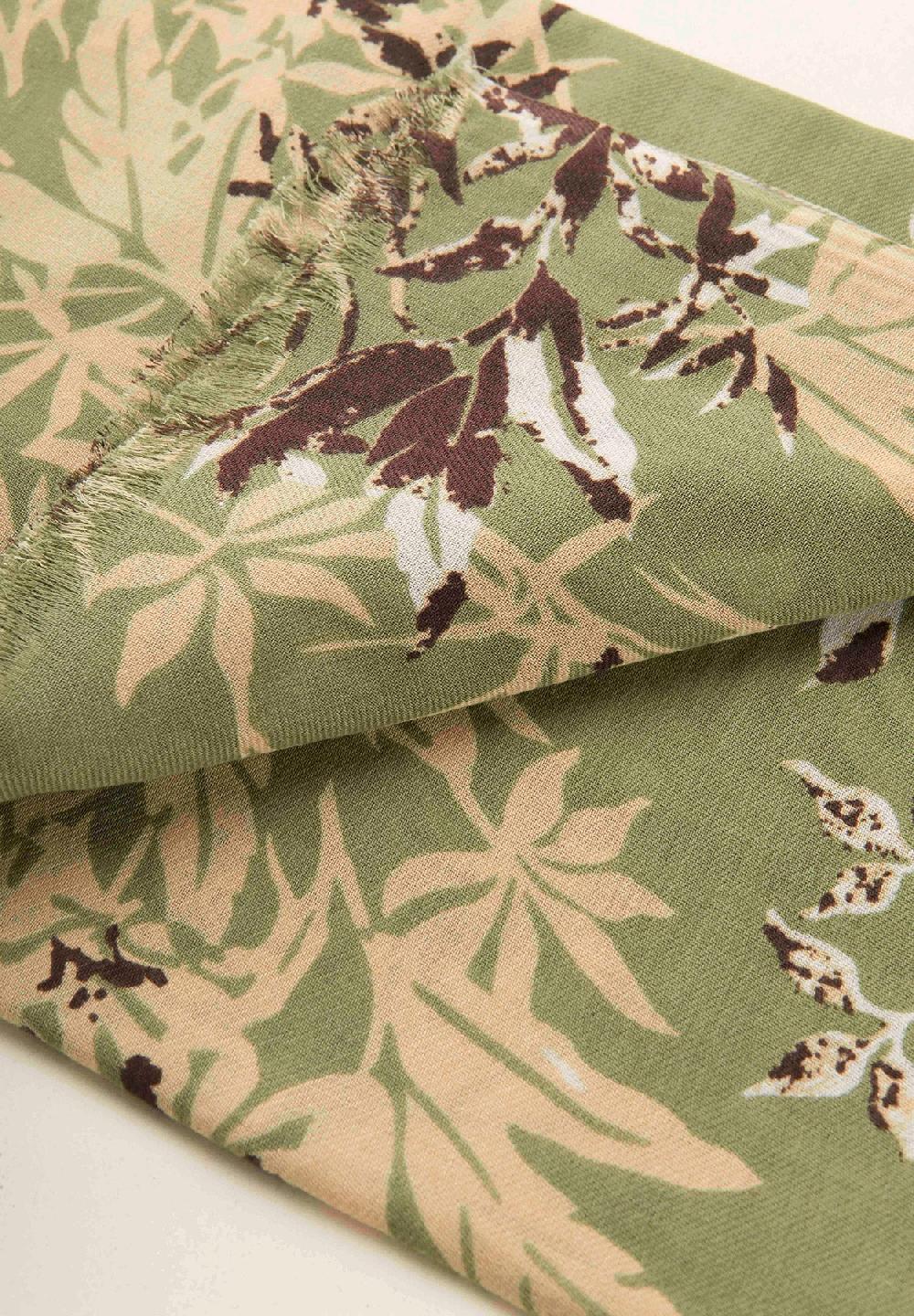 Angelico Sciarpa Verde Fantasia Floreale Lana Cotone Frange