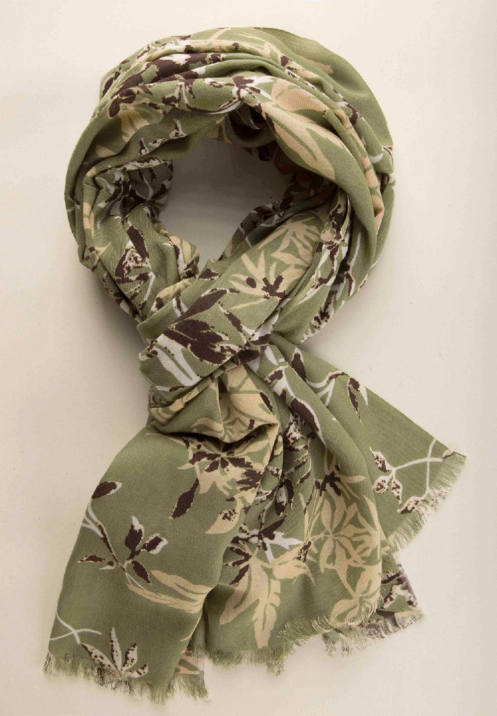 Angelico Sciarpa verde fantasia floreale lana cotone frange