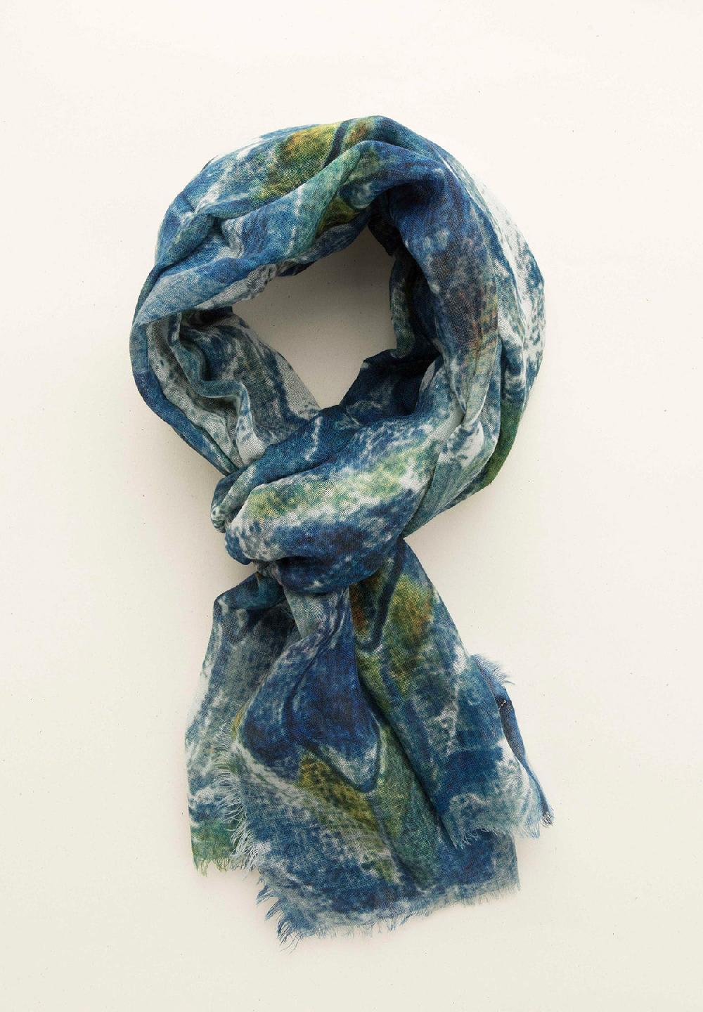 Angelico Stola blu verde fantasia astratta lana frange