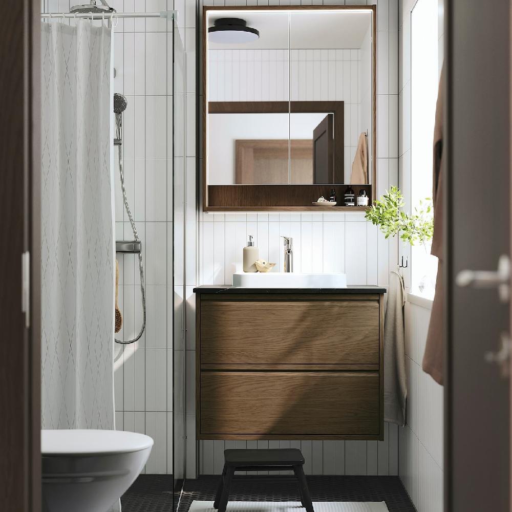 IKEA ÄNGSJÖN / BACKSJÖN Mobile Lavabo/cassetti/lavabo/misc Marrone Effetto Rovere/nero Effetto Marmo 82x49x71 Cm
