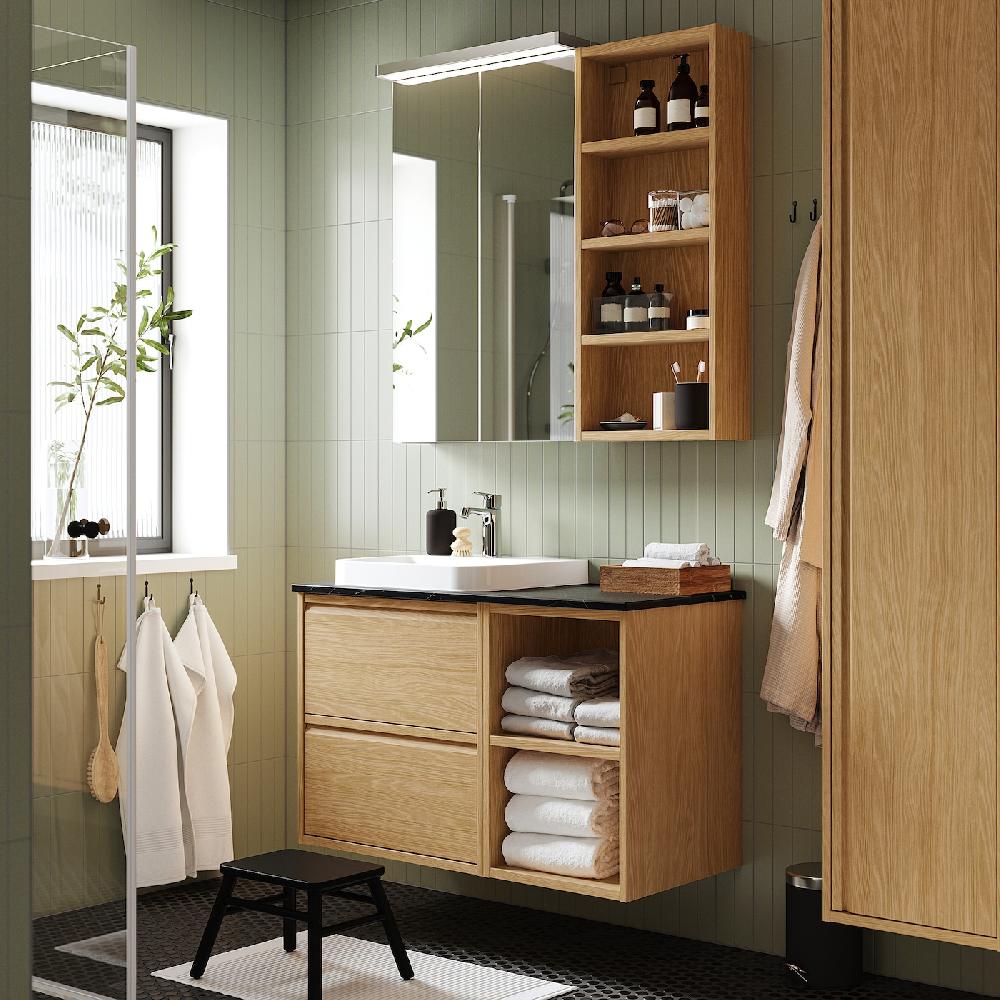 IKEA ÄNGSJÖN / BACKSJÖN Mobile Lavabo/lavabo/miscelatore Effetto Rovere/nero Effetto Marmo 102x49x71 Cm