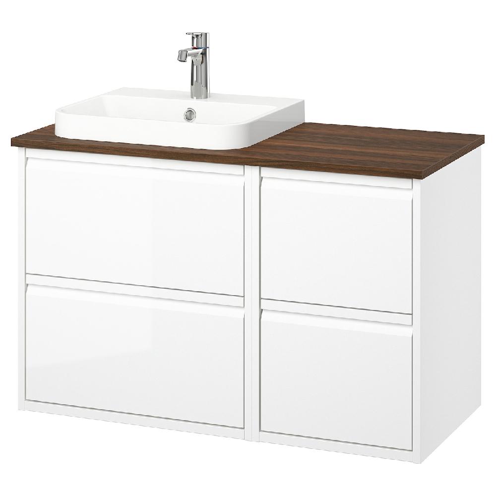 IKEA ÄNGSJÖN / BACKSJÖN Mobile lavabo/lavabo/miscelatore lucido bianco/marrone effetto noce 102x49x71 cm