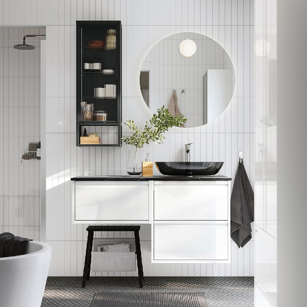 IKEA ÄNGSJÖN / OXMYREN Mobile Lavabo/lavabo/miscelatore Lucido Bianco/nero Effetto Marmo 122x49x77 Cm