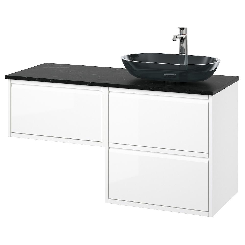 IKEA ÄNGSJÖN / OXMYREN Mobile Lavabo/lavabo/miscelatore Lucido Bianco/nero Effetto Marmo 122x49x77 Cm
