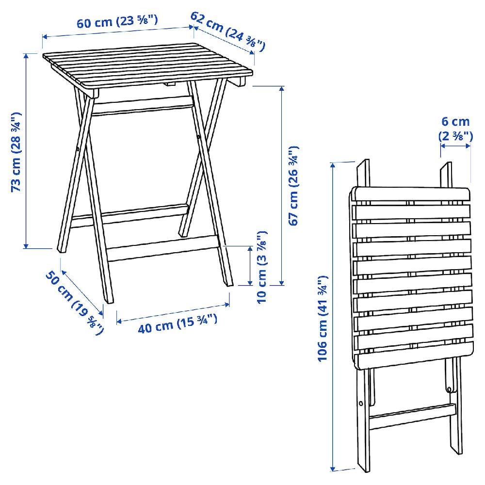 IKEA ASKHOLMEN Tavolo/2 Sedie Pieghevoli Giardino Marrone Scuro 60x62 Cm