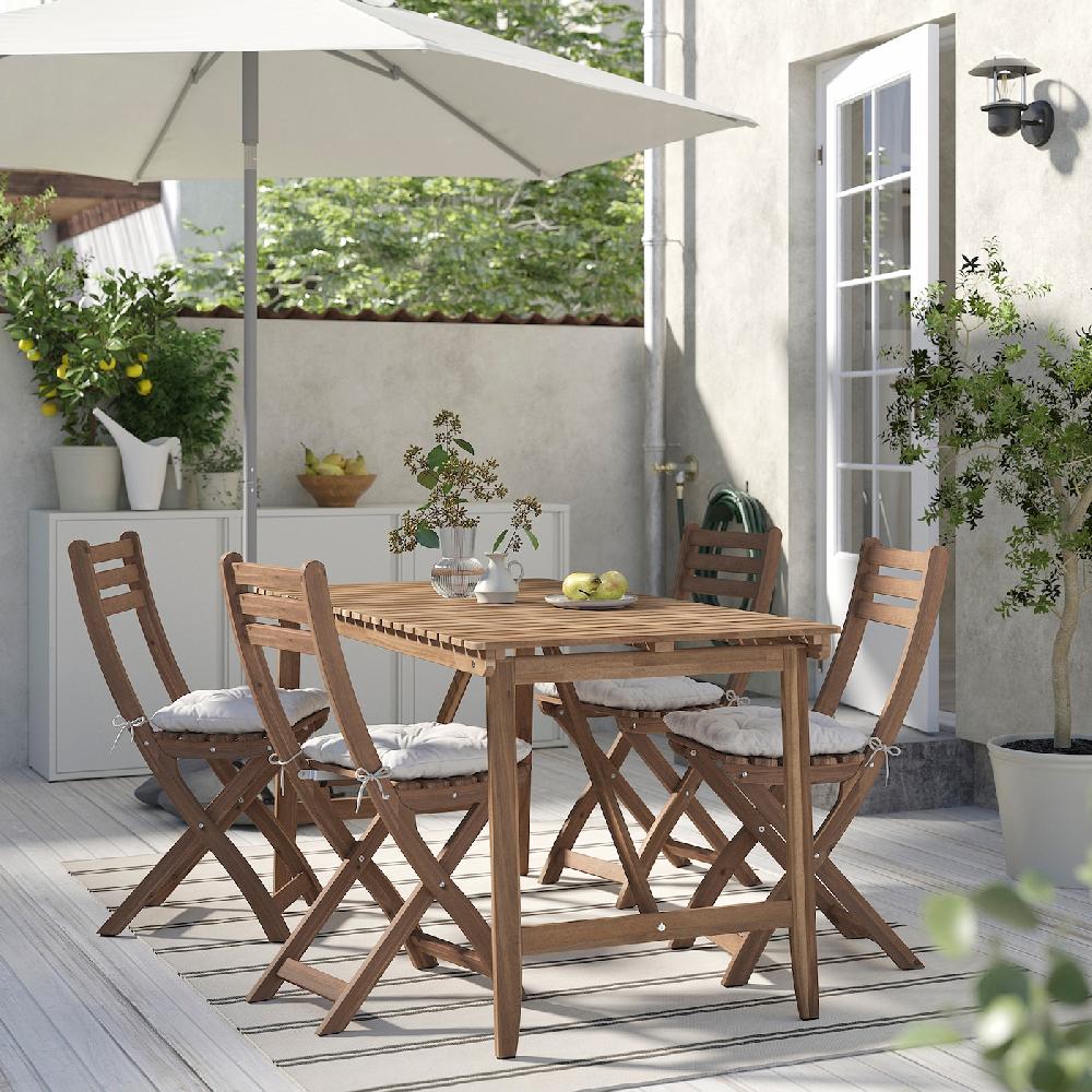 IKEA ASKHOLMEN Tavolo/4 Sedie Pieghevoli Giardino Marrone Scuro/Kuddarna Grigio Chiaro-beige 143x75 Cm