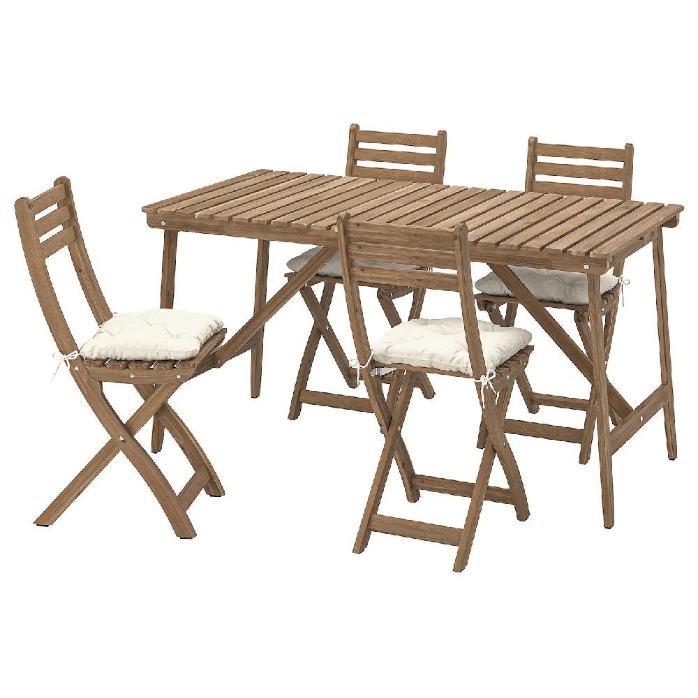 IKEA ASKHOLMEN Tavolo/4 sedie pieghevoli giardino marrone scuro/Kuddarna grigio chiaro-beige 143x75 cm