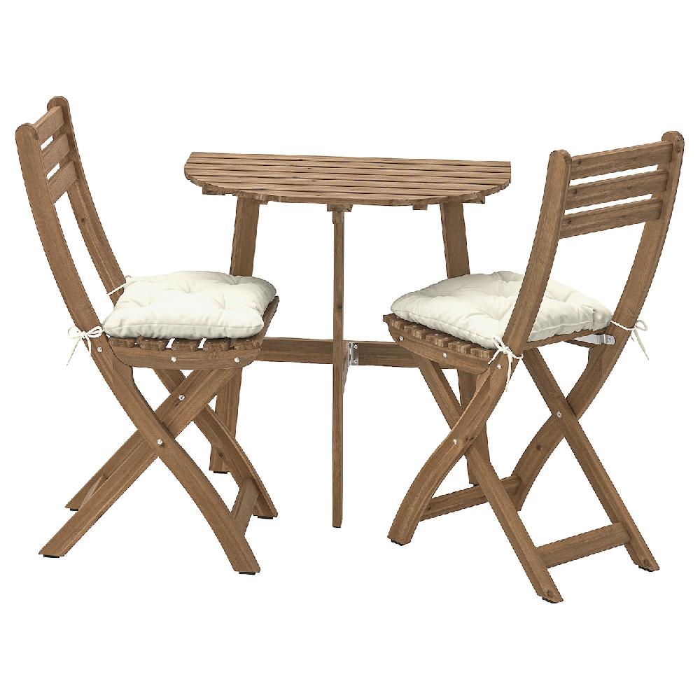 IKEA ASKHOLMEN Tavolo parete/2sedie pieghev estern marrone scuro/Kuddarna grigio chiaro-beige 70x44 cm